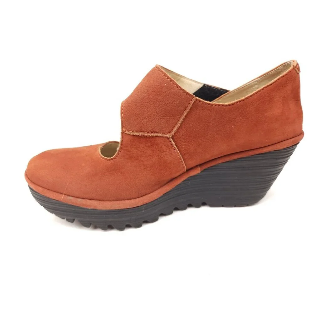 Fly London Yasi Red Orange Suede Platform Wedge Heels size US 6.5-7 EU 37 - Picture 2 of 9